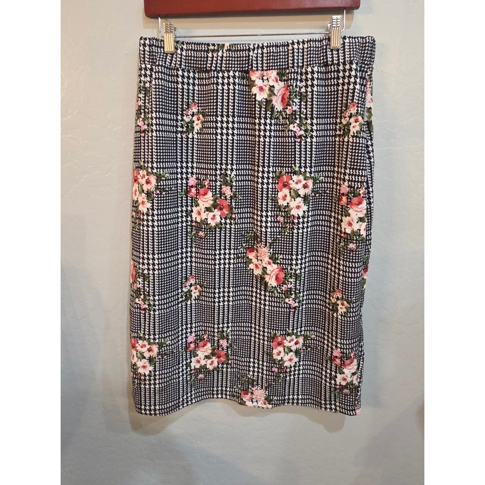 Adara Floral Houndstooth Pencil Skirt Black White Pink Knee Length Stretch L